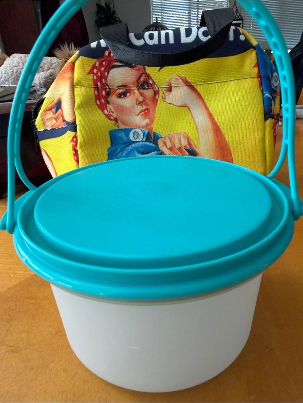 White Storage Bucket with Teal Handle and Lid